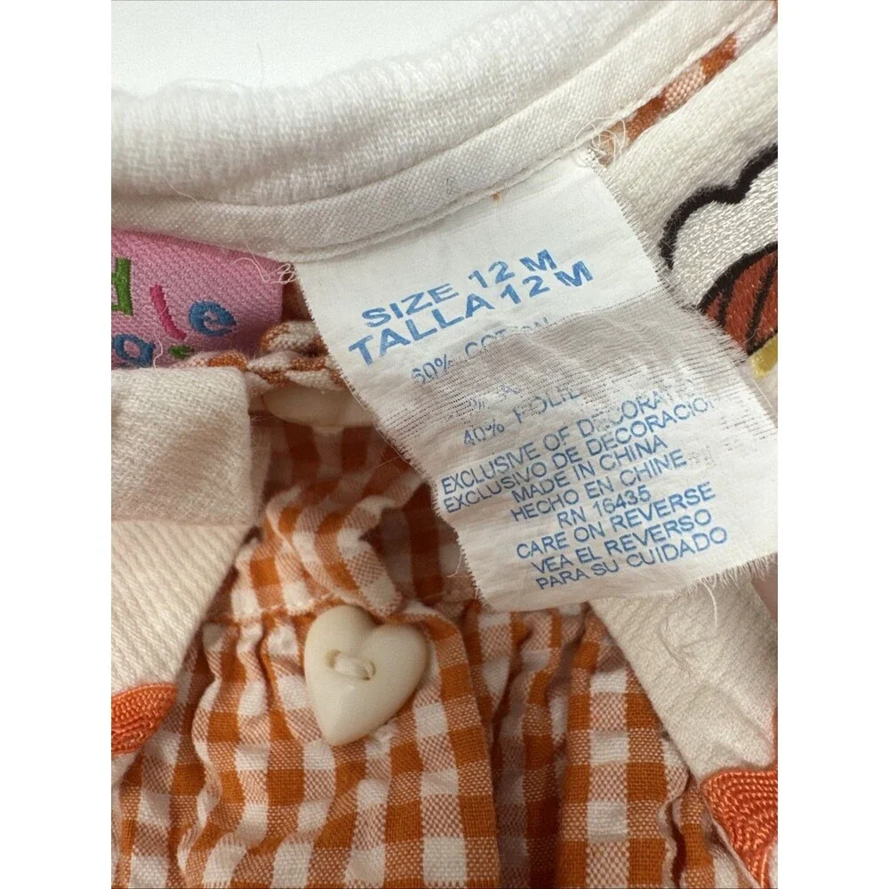 Vintage Cradle Togs Baby Girl Orange Gingham Dress Flower Bee Outfit w/ hat 12M